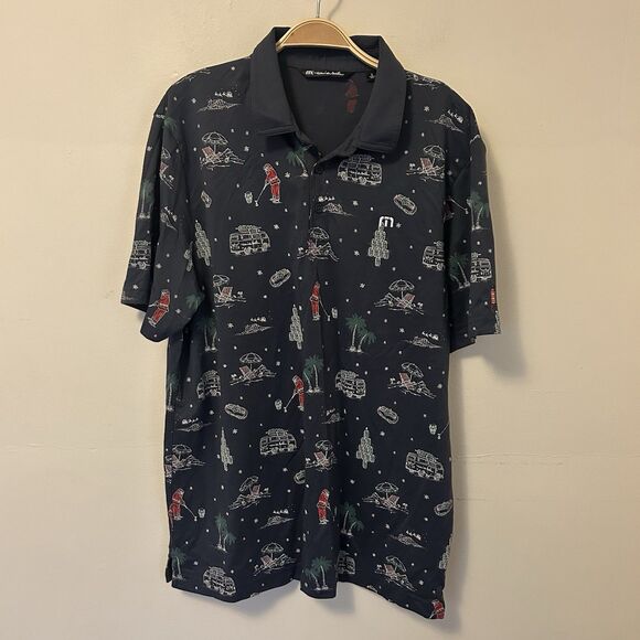 Travis Mathew California Christmas Polo Shirt Black Performance Golf‎ Large - Picture 1 of 8